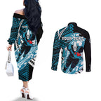 Personalized Port Adelaide Power Couples Matching Off The Shoulder Long Sleeve Dress and Long Sleeve Button Shirt Polynesian Tribal Lightning Bolt Mascot With Hibiscus Floral Art