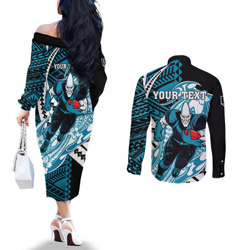 Personalized Port Adelaide Power Couples Matching Off The Shoulder Long Sleeve Dress and Long Sleeve Button Shirt Polynesian Tribal Lightning Bolt Mascot With Hibiscus Floral Art