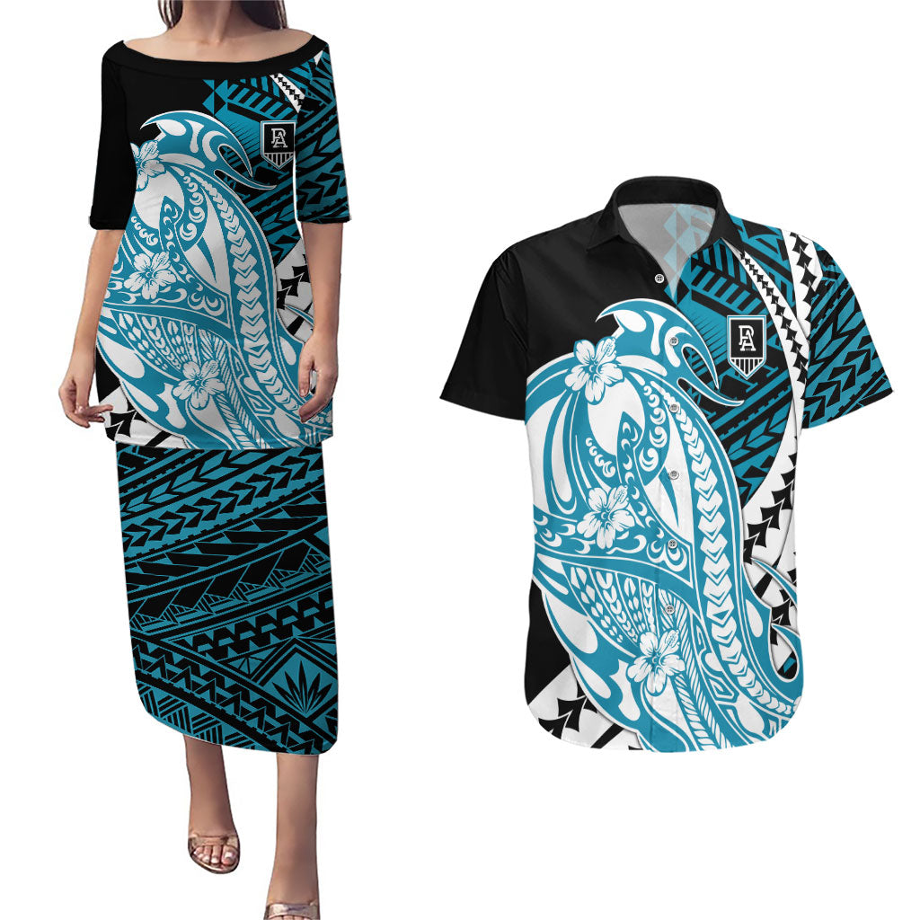 Personalized Port Adelaide Power Couples Matching Puletasi and Hawaiian Shirt Polynesian Tribal Lightning Bolt Mascot With Hibiscus Floral Art