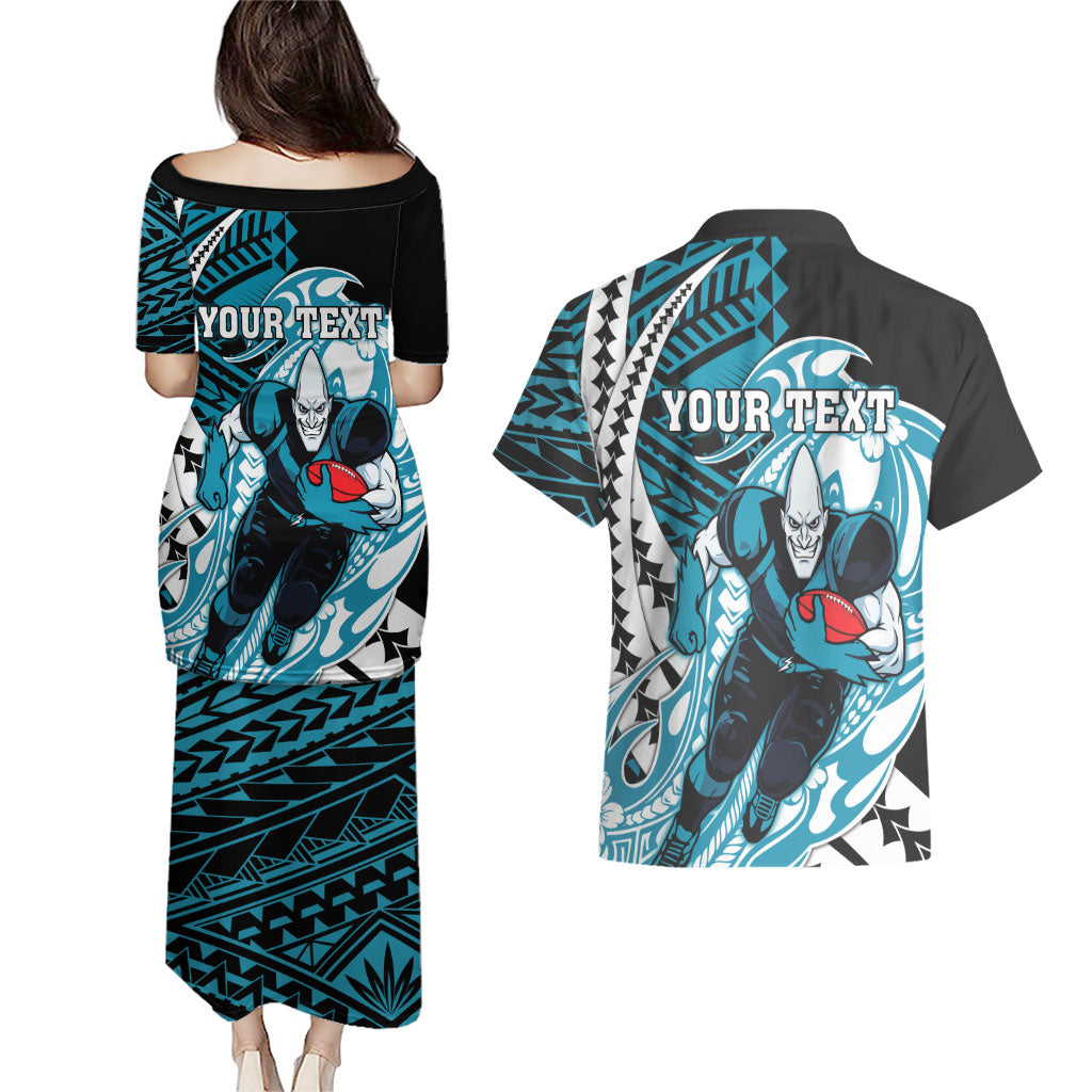 Personalized Port Adelaide Power Couples Matching Puletasi and Hawaiian Shirt Polynesian Tribal Lightning Bolt Mascot With Hibiscus Floral Art