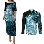 Personalized Port Adelaide Power Couples Matching Puletasi and Long Sleeve Button Shirt Polynesian Tribal Lightning Bolt Mascot With Hibiscus Floral Art