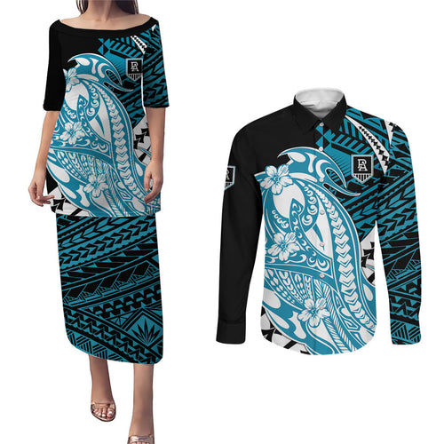 Personalized Port Adelaide Power Couples Matching Puletasi and Long Sleeve Button Shirt Polynesian Tribal Lightning Bolt Mascot With Hibiscus Floral Art