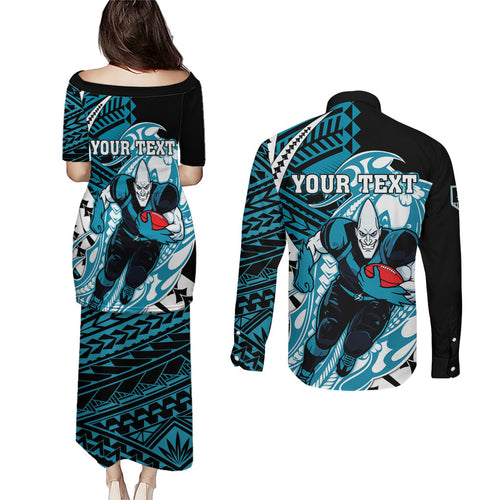 Personalized Port Adelaide Power Couples Matching Puletasi and Long Sleeve Button Shirt Polynesian Tribal Lightning Bolt Mascot With Hibiscus Floral Art