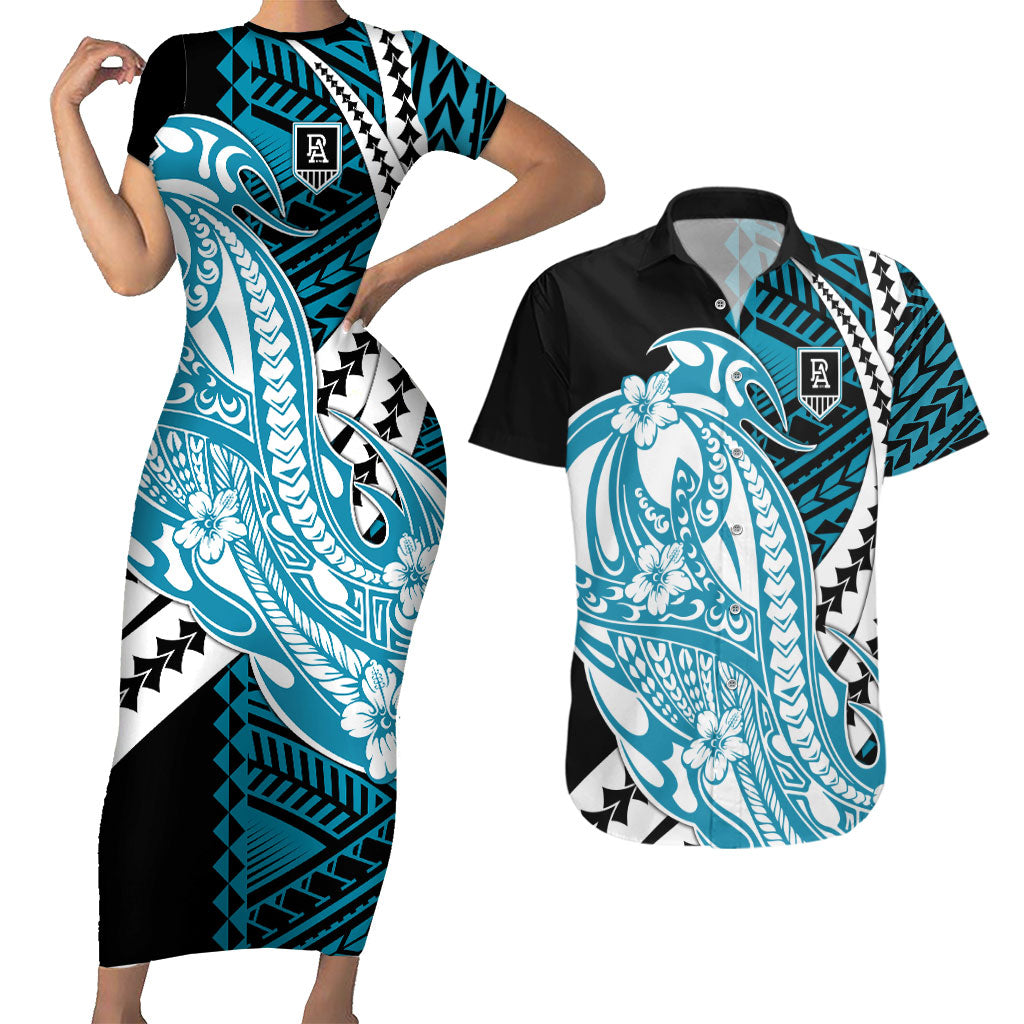 Personalized Port Adelaide Power Couples Matching Short Sleeve Bodycon Dress and Hawaiian Shirt Polynesian Tribal Lightning Bolt Mascot With Hibiscus Floral Art