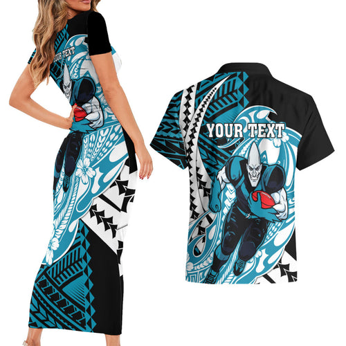 Personalized Port Adelaide Power Couples Matching Short Sleeve Bodycon Dress and Hawaiian Shirt Polynesian Tribal Lightning Bolt Mascot With Hibiscus Floral Art