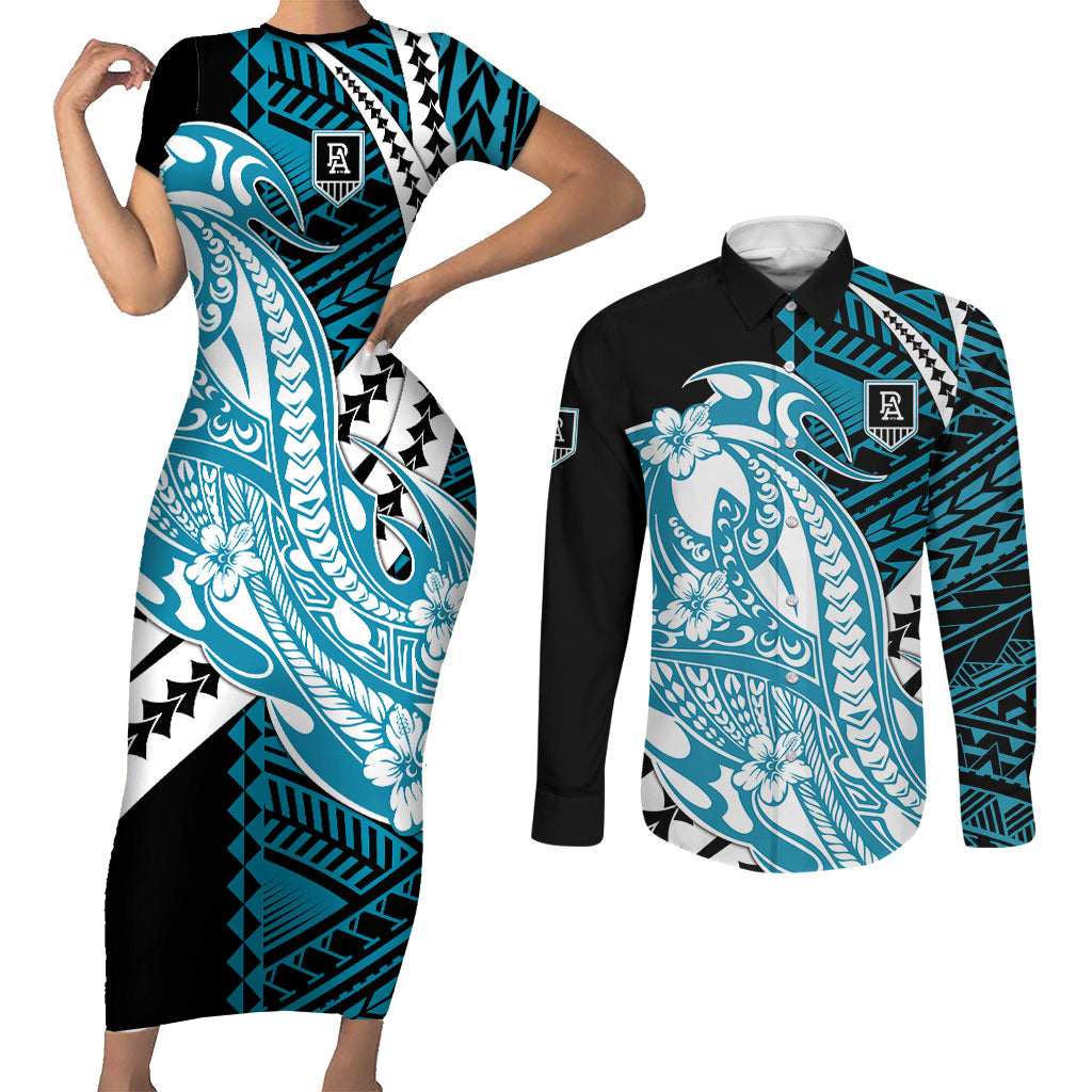 Personalized Port Adelaide Power Couples Matching Short Sleeve Bodycon Dress and Long Sleeve Button Shirt Polynesian Tribal Lightning Bolt Mascot With Hibiscus Floral Art
