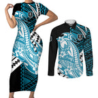 Personalized Port Adelaide Power Couples Matching Short Sleeve Bodycon Dress and Long Sleeve Button Shirt Polynesian Tribal Lightning Bolt Mascot With Hibiscus Floral Art