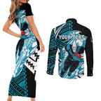 Personalized Port Adelaide Power Couples Matching Short Sleeve Bodycon Dress and Long Sleeve Button Shirt Polynesian Tribal Lightning Bolt Mascot With Hibiscus Floral Art