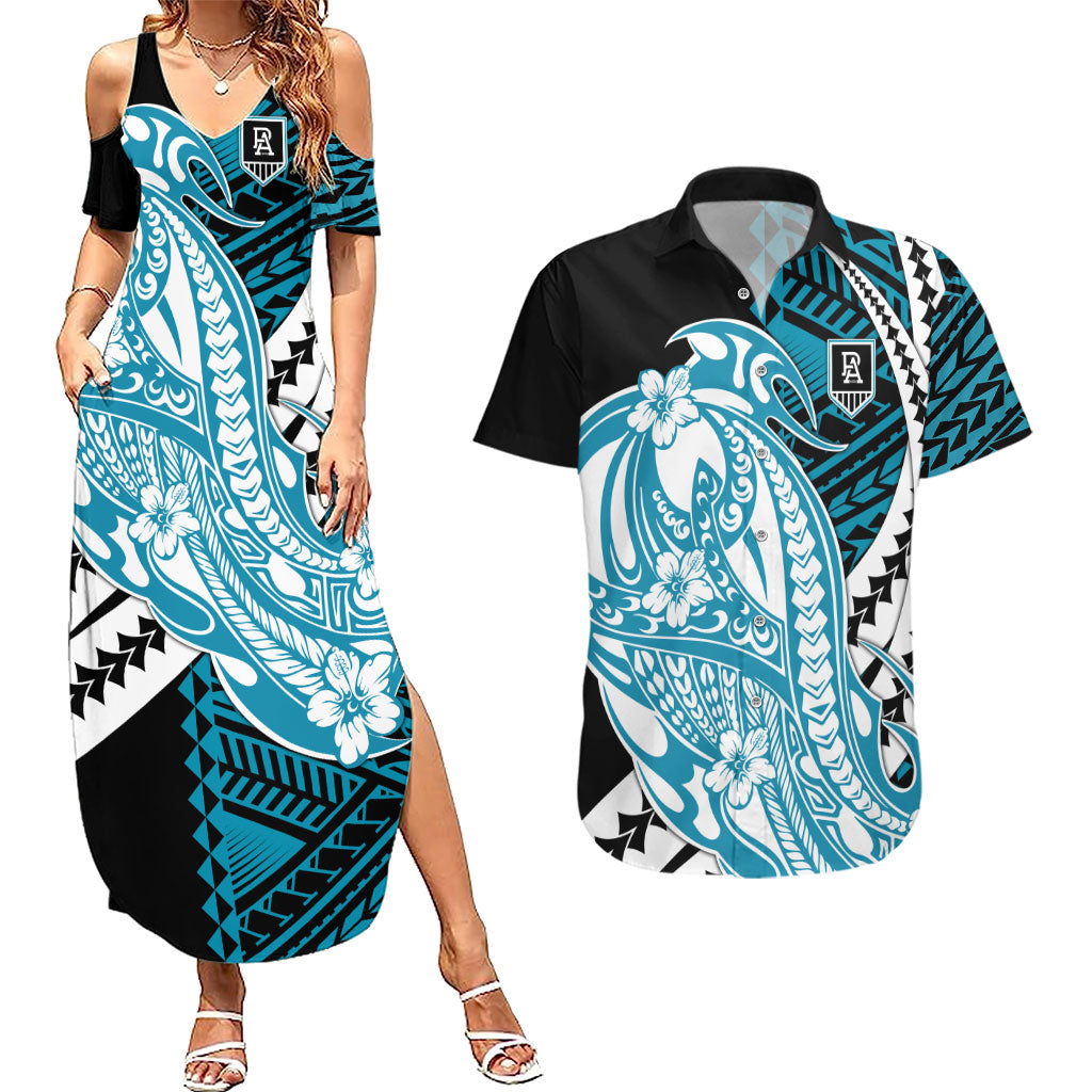 Personalized Port Adelaide Power Couples Matching Summer Maxi Dress and Hawaiian Shirt Polynesian Tribal Lightning Bolt Mascot With Hibiscus Floral Art