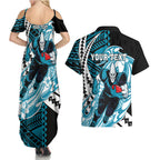 Personalized Port Adelaide Power Couples Matching Summer Maxi Dress and Hawaiian Shirt Polynesian Tribal Lightning Bolt Mascot With Hibiscus Floral Art