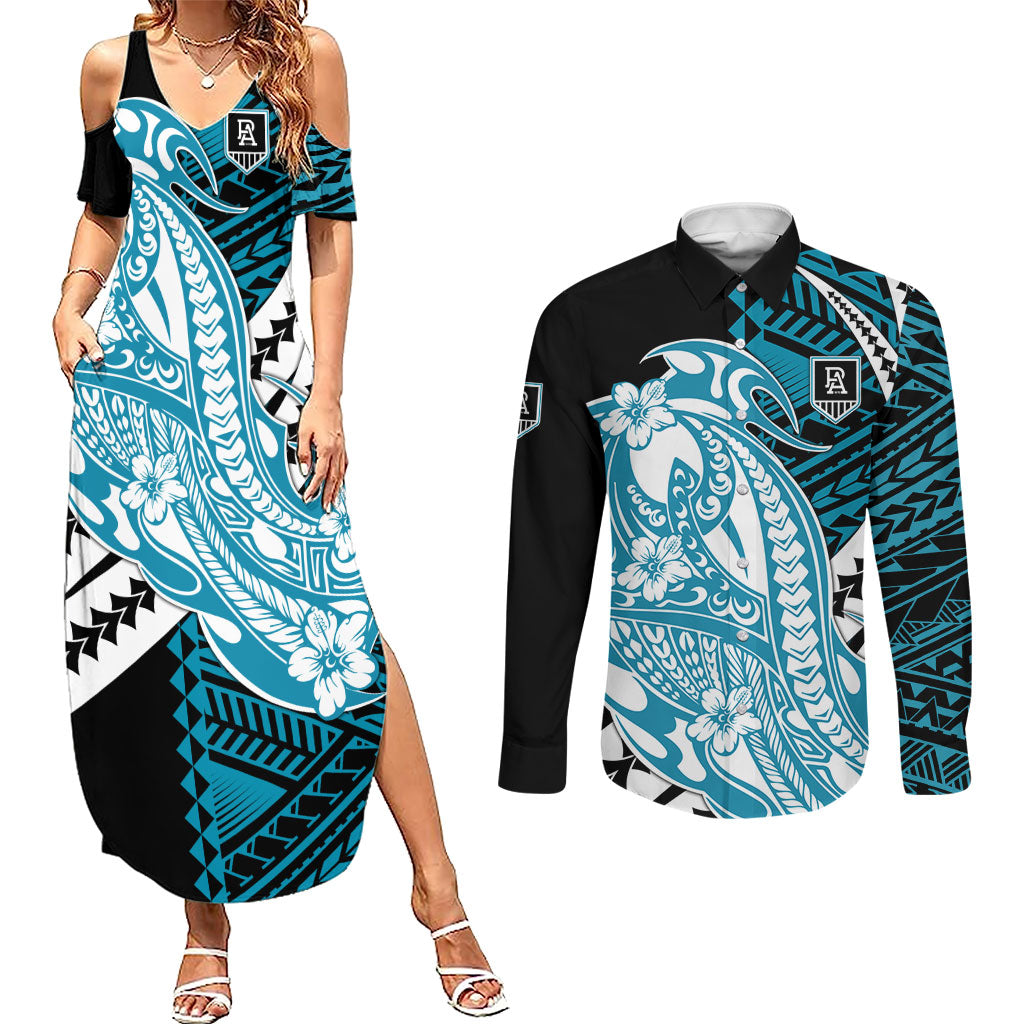 Personalized Port Adelaide Power Couples Matching Summer Maxi Dress and Long Sleeve Button Shirt Polynesian Tribal Lightning Bolt Mascot With Hibiscus Floral Art