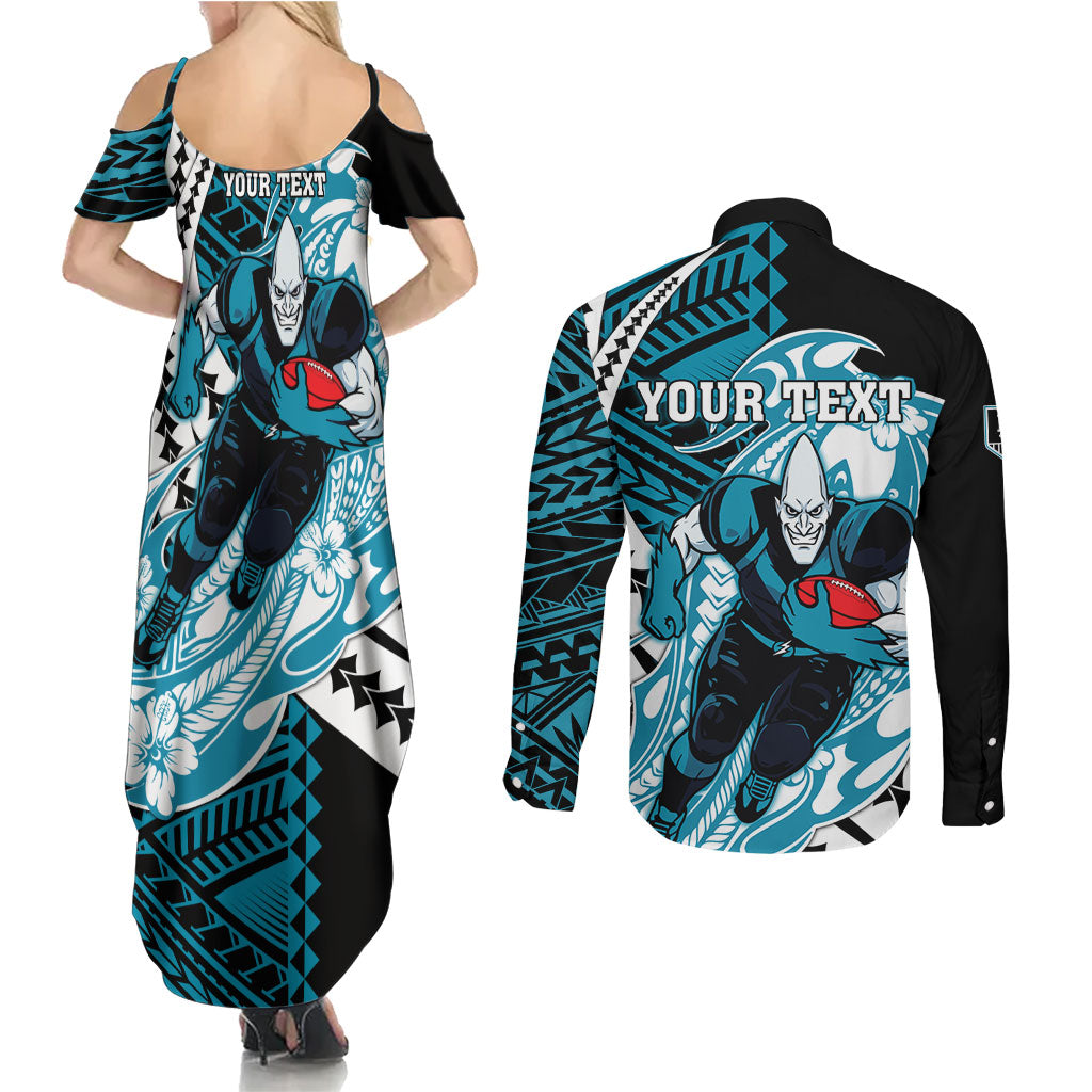 Personalized Port Adelaide Power Couples Matching Summer Maxi Dress and Long Sleeve Button Shirt Polynesian Tribal Lightning Bolt Mascot With Hibiscus Floral Art