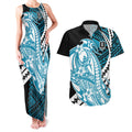Personalized Port Adelaide Power Couples Matching Tank Maxi Dress and Hawaiian Shirt Polynesian Tribal Lightning Bolt Mascot With Hibiscus Floral Art