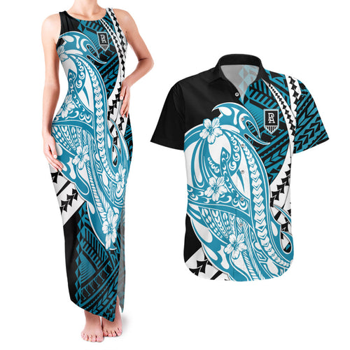Personalized Port Adelaide Power Couples Matching Tank Maxi Dress and Hawaiian Shirt Polynesian Tribal Lightning Bolt Mascot With Hibiscus Floral Art