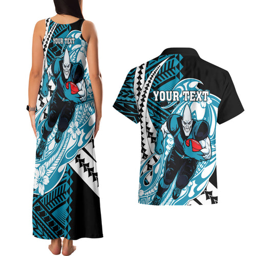 Personalized Port Adelaide Power Couples Matching Tank Maxi Dress and Hawaiian Shirt Polynesian Tribal Lightning Bolt Mascot With Hibiscus Floral Art