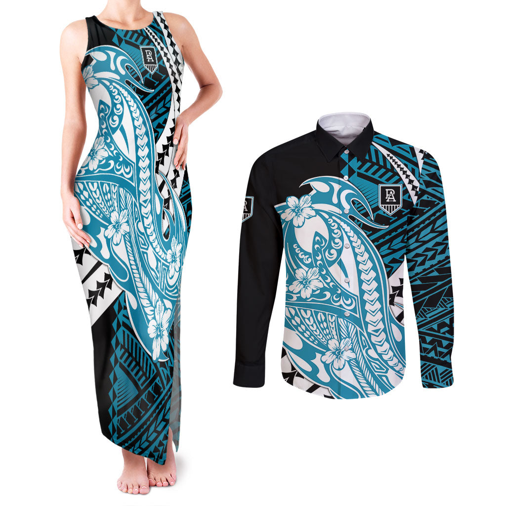 Personalized Port Adelaide Power Couples Matching Tank Maxi Dress and Long Sleeve Button Shirt Polynesian Tribal Lightning Bolt Mascot With Hibiscus Floral Art