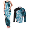 Personalized Port Adelaide Power Couples Matching Tank Maxi Dress and Long Sleeve Button Shirt Polynesian Tribal Lightning Bolt Mascot With Hibiscus Floral Art