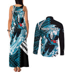 Personalized Port Adelaide Power Couples Matching Tank Maxi Dress and Long Sleeve Button Shirt Polynesian Tribal Lightning Bolt Mascot With Hibiscus Floral Art