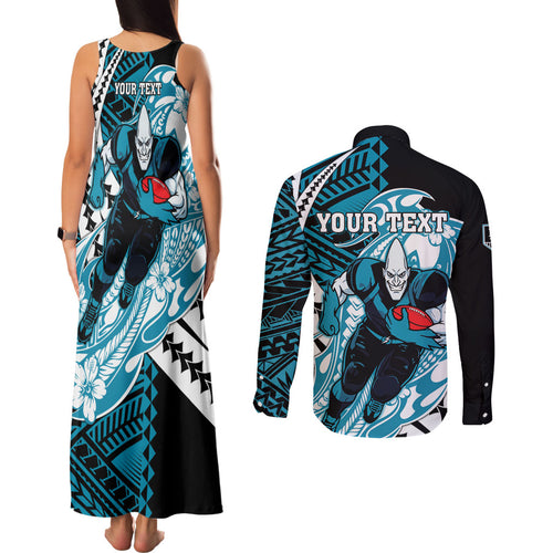 Personalized Port Adelaide Power Couples Matching Tank Maxi Dress and Long Sleeve Button Shirt Polynesian Tribal Lightning Bolt Mascot With Hibiscus Floral Art
