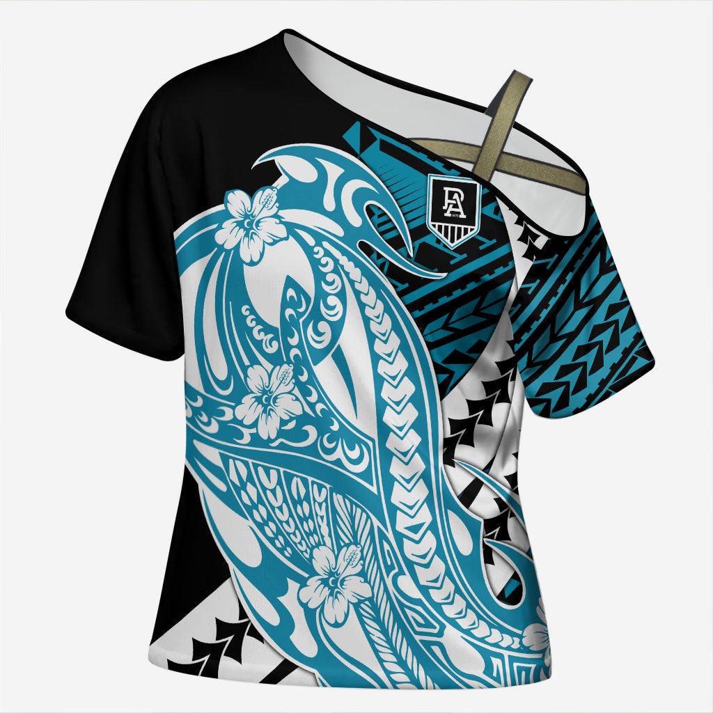 Personalized Port Adelaide Power Cross Shoulder Shirt Polynesian Tribal Lightning Bolt Mascot With Hibiscus Floral Art