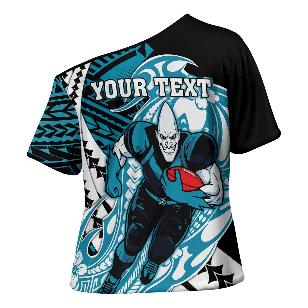 Personalized Port Adelaide Power Cross Shoulder Shirt Polynesian Tribal Lightning Bolt Mascot With Hibiscus Floral Art