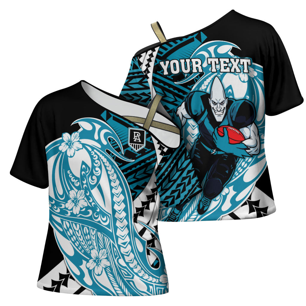 Personalized Port Adelaide Power Cross Shoulder Shirt Polynesian Tribal Lightning Bolt Mascot With Hibiscus Floral Art