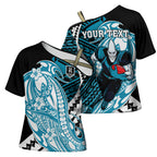 Personalized Port Adelaide Power Cross Shoulder Shirt Polynesian Tribal Lightning Bolt Mascot With Hibiscus Floral Art