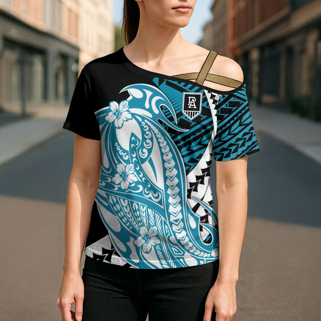 Personalized Port Adelaide Power Cross Shoulder Shirt Polynesian Tribal Lightning Bolt Mascot With Hibiscus Floral Art