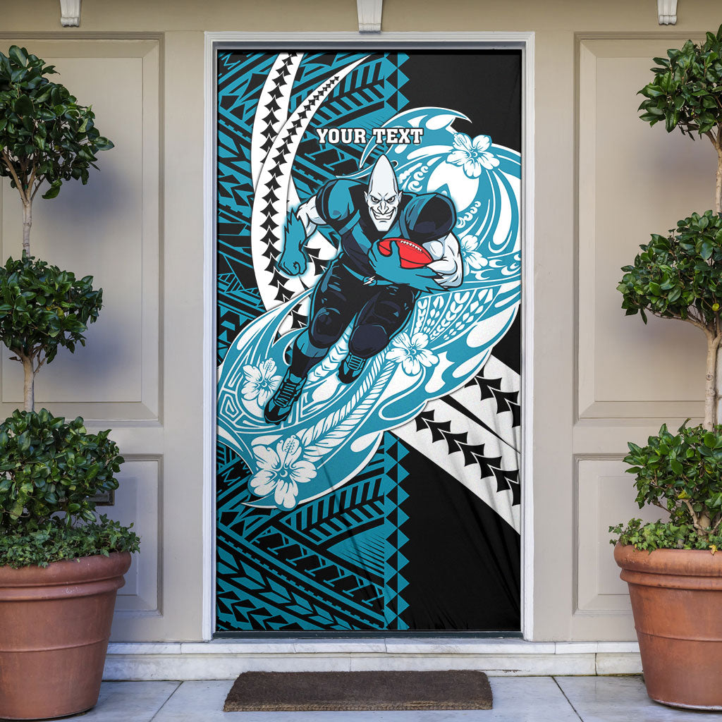 Personalized Port Adelaide Power Door Cover Polynesian Tribal Lightning Bolt Mascot With Hibiscus Floral Art