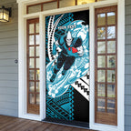 Personalized Port Adelaide Power Door Cover Polynesian Tribal Lightning Bolt Mascot With Hibiscus Floral Art