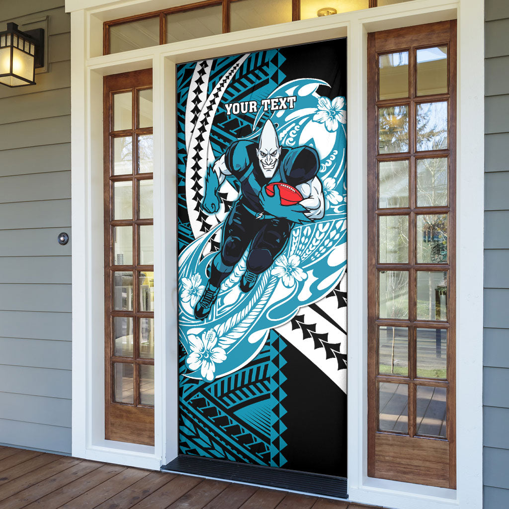 Personalized Port Adelaide Power Door Cover Polynesian Tribal Lightning Bolt Mascot With Hibiscus Floral Art