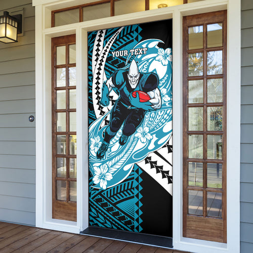 Personalized Port Adelaide Power Door Cover Polynesian Tribal Lightning Bolt Mascot With Hibiscus Floral Art