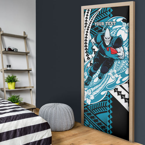 Personalized Port Adelaide Power Door Cover Polynesian Tribal Lightning Bolt Mascot With Hibiscus Floral Art