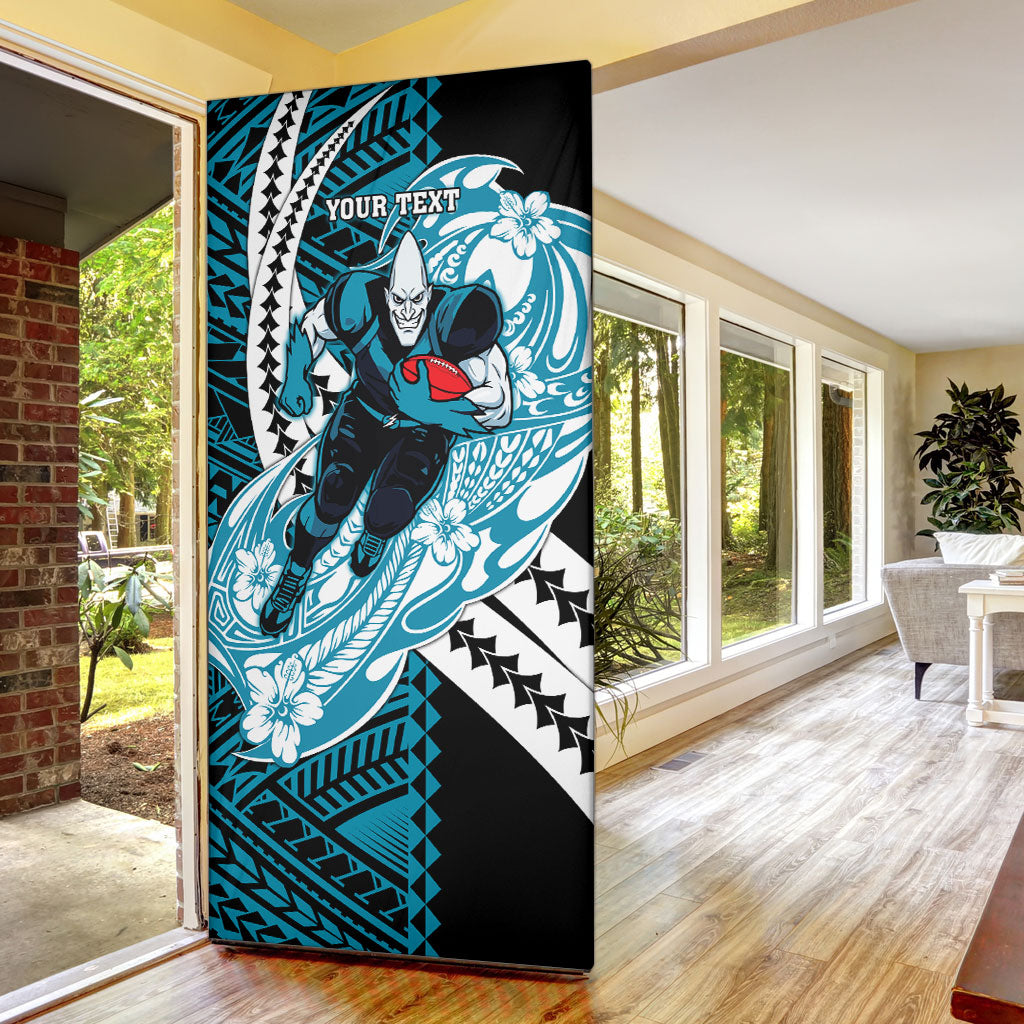 Personalized Port Adelaide Power Door Cover Polynesian Tribal Lightning Bolt Mascot With Hibiscus Floral Art