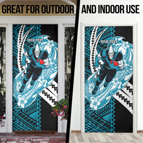 Personalized Port Adelaide Power Door Cover Polynesian Tribal Lightning Bolt Mascot With Hibiscus Floral Art