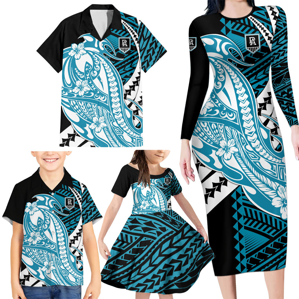 Personalized Port Adelaide Power Family Matching Long Sleeve Bodycon Dress and Hawaiian Shirt Polynesian Tribal Lightning Bolt Mascot With Hibiscus Floral Art