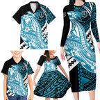 Personalized Port Adelaide Power Family Matching Long Sleeve Bodycon Dress and Hawaiian Shirt Polynesian Tribal Lightning Bolt Mascot With Hibiscus Floral Art