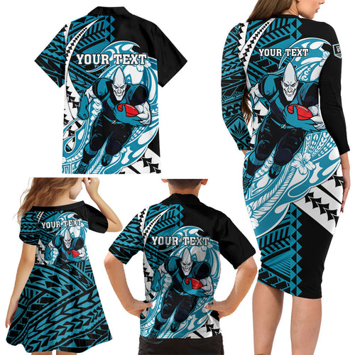 Personalized Port Adelaide Power Family Matching Long Sleeve Bodycon Dress and Hawaiian Shirt Polynesian Tribal Lightning Bolt Mascot With Hibiscus Floral Art
