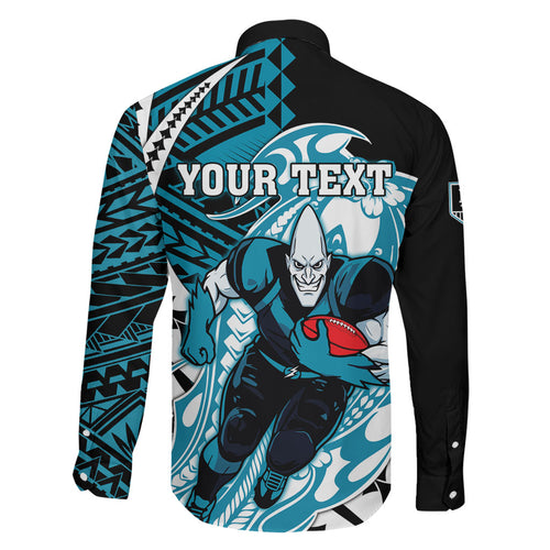 Personalized Port Adelaide Power Family Matching Long Sleeve Bodycon Dress and Hawaiian Shirt Polynesian Tribal Lightning Bolt Mascot With Hibiscus Floral Art