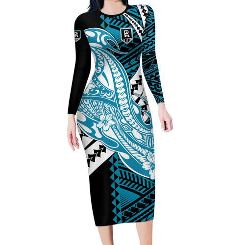 Personalized Port Adelaide Power Family Matching Long Sleeve Bodycon Dress and Hawaiian Shirt Polynesian Tribal Lightning Bolt Mascot With Hibiscus Floral Art