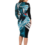 Personalized Port Adelaide Power Family Matching Long Sleeve Bodycon Dress and Hawaiian Shirt Polynesian Tribal Lightning Bolt Mascot With Hibiscus Floral Art