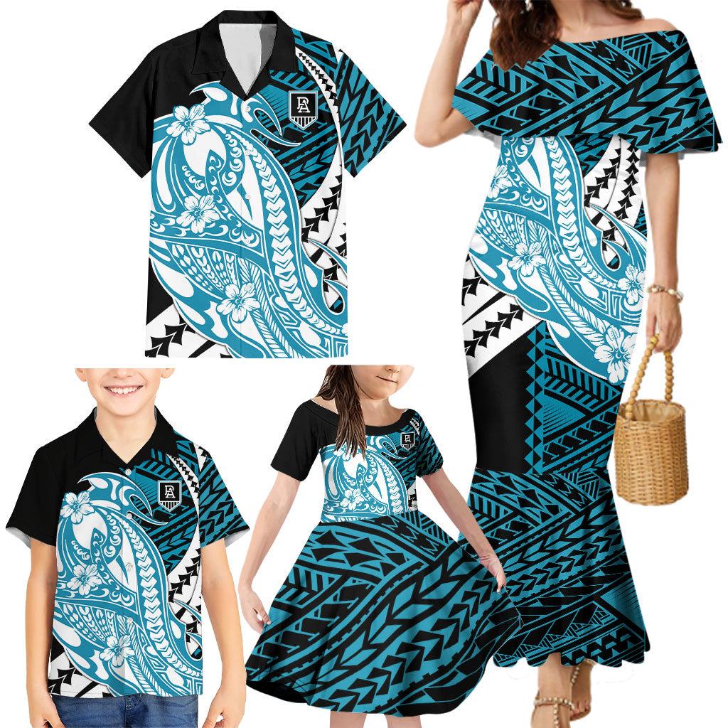 Personalized Port Adelaide Power Family Matching Mermaid Dress and Hawaiian Shirt Polynesian Tribal Lightning Bolt Mascot With Hibiscus Floral Art