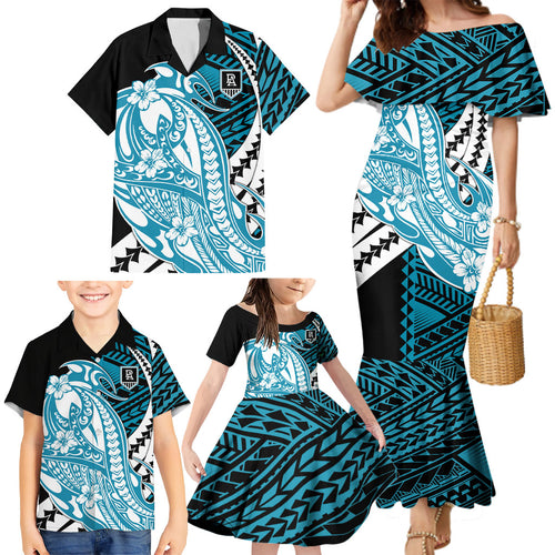 Personalized Port Adelaide Power Family Matching Mermaid Dress and Hawaiian Shirt Polynesian Tribal Lightning Bolt Mascot With Hibiscus Floral Art
