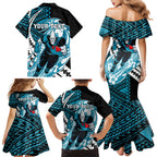 Personalized Port Adelaide Power Family Matching Mermaid Dress and Hawaiian Shirt Polynesian Tribal Lightning Bolt Mascot With Hibiscus Floral Art