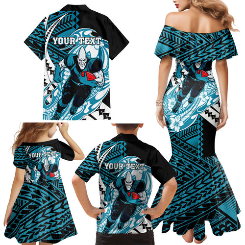 Personalized Port Adelaide Power Family Matching Mermaid Dress and Hawaiian Shirt Polynesian Tribal Lightning Bolt Mascot With Hibiscus Floral Art