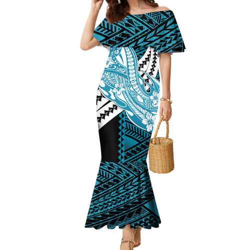 Personalized Port Adelaide Power Family Matching Mermaid Dress and Hawaiian Shirt Polynesian Tribal Lightning Bolt Mascot With Hibiscus Floral Art