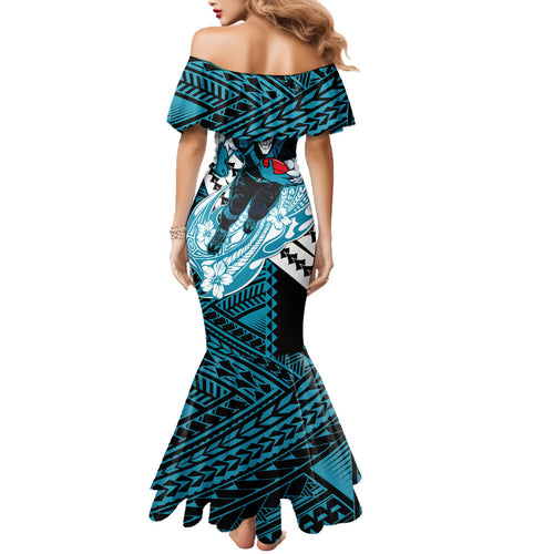 Personalized Port Adelaide Power Family Matching Mermaid Dress and Hawaiian Shirt Polynesian Tribal Lightning Bolt Mascot With Hibiscus Floral Art
