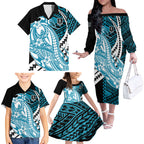 Personalized Port Adelaide Power Family Matching Off The Shoulder Long Sleeve Dress and Hawaiian Shirt Polynesian Tribal Lightning Bolt Mascot With Hibiscus Floral Art