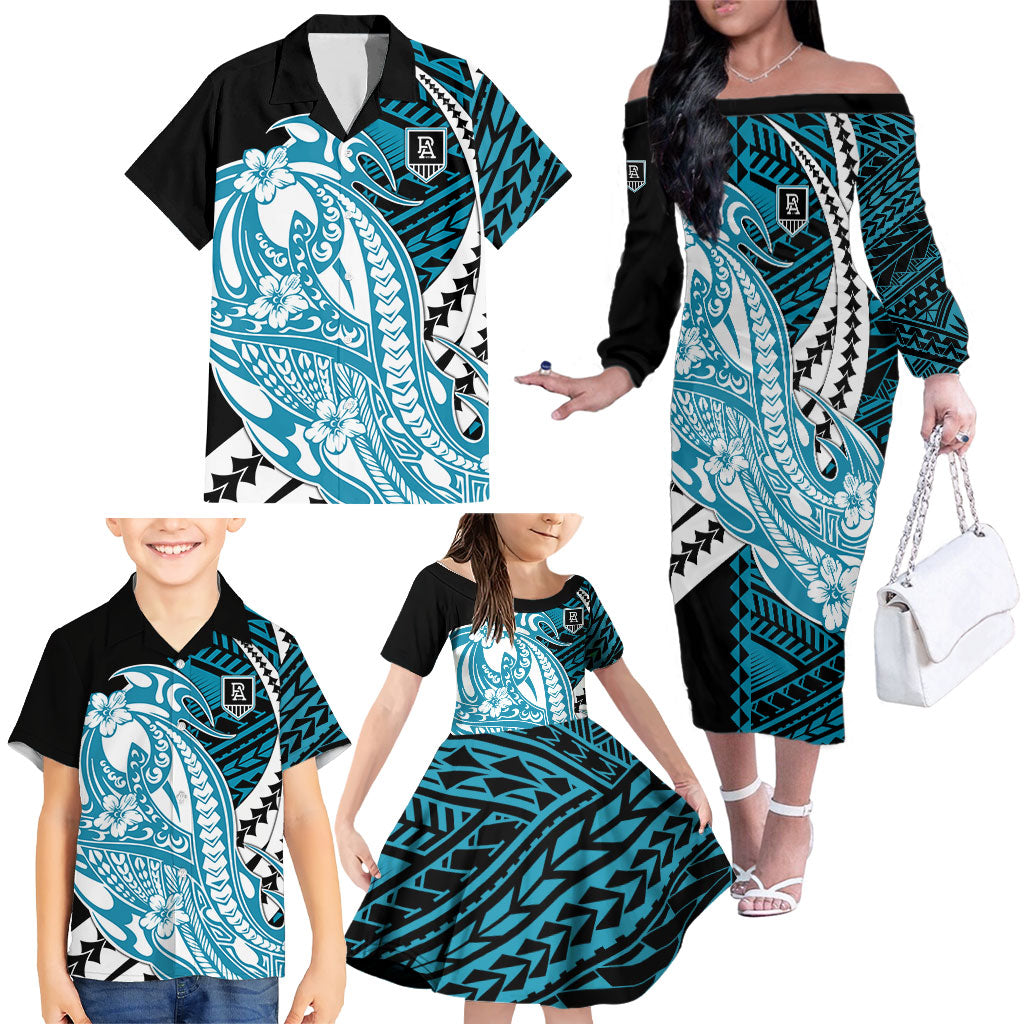 Personalized Port Adelaide Power Family Matching Off The Shoulder Long Sleeve Dress and Hawaiian Shirt Polynesian Tribal Lightning Bolt Mascot With Hibiscus Floral Art