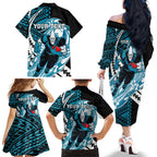 Personalized Port Adelaide Power Family Matching Off The Shoulder Long Sleeve Dress and Hawaiian Shirt Polynesian Tribal Lightning Bolt Mascot With Hibiscus Floral Art